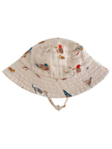 Beige bucket hat with colorful bird prints, featuring a wide brim and chin strap. Ideal for sun protection.