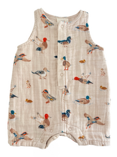 Light beige infant romper with colorful bird prints, featuring buttons down the front for easy dressing.