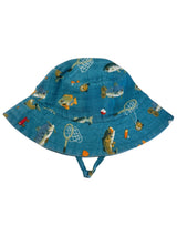Blue bucket hat with fish and fishing gear patterns, perfect for outdoor activities.
