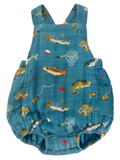 Blue fish-patterned romper for infants with fishing-themed illustrations and adjustable straps.
