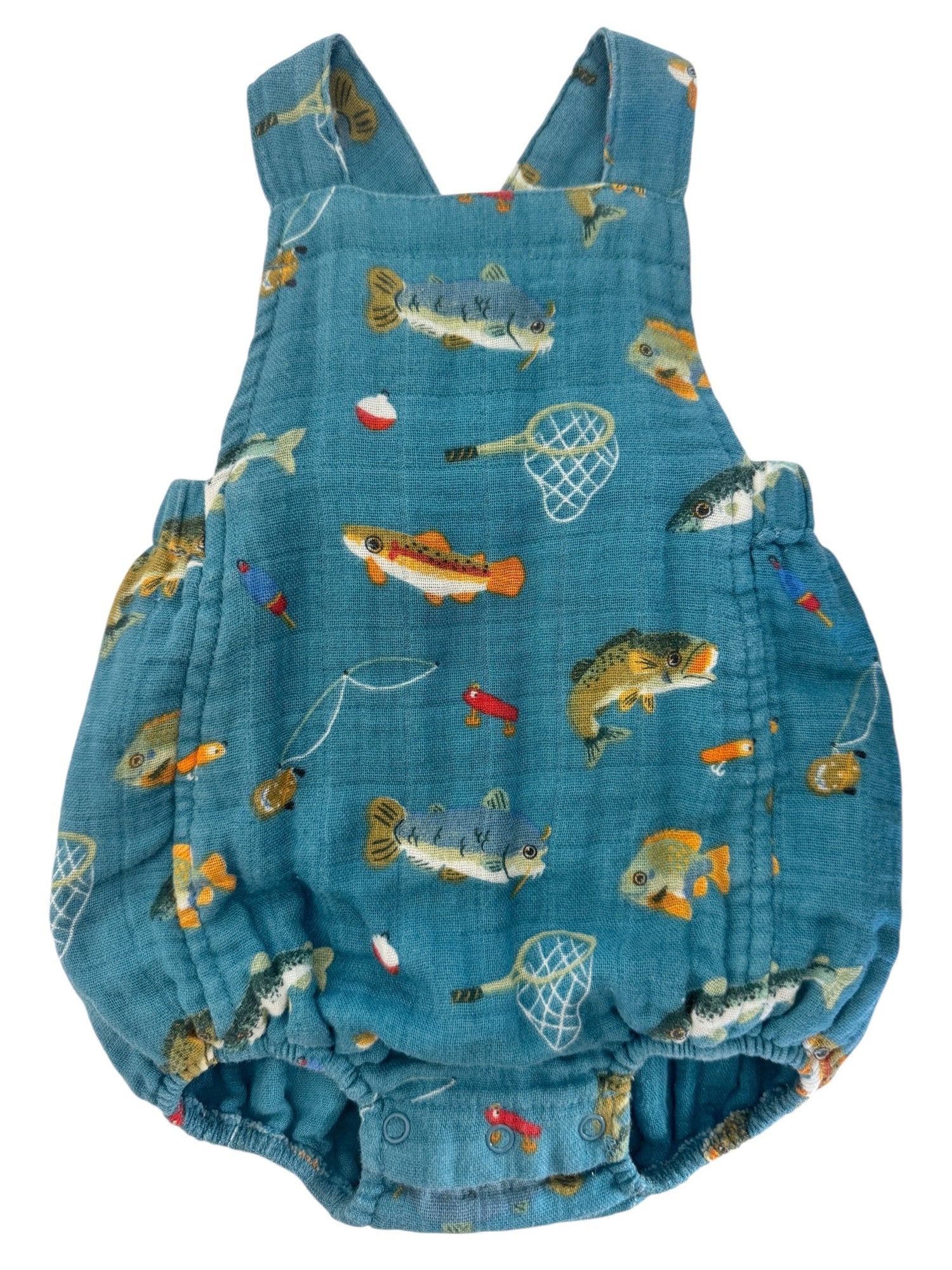 Blue fish-patterned romper for infants with fishing-themed illustrations and adjustable straps.