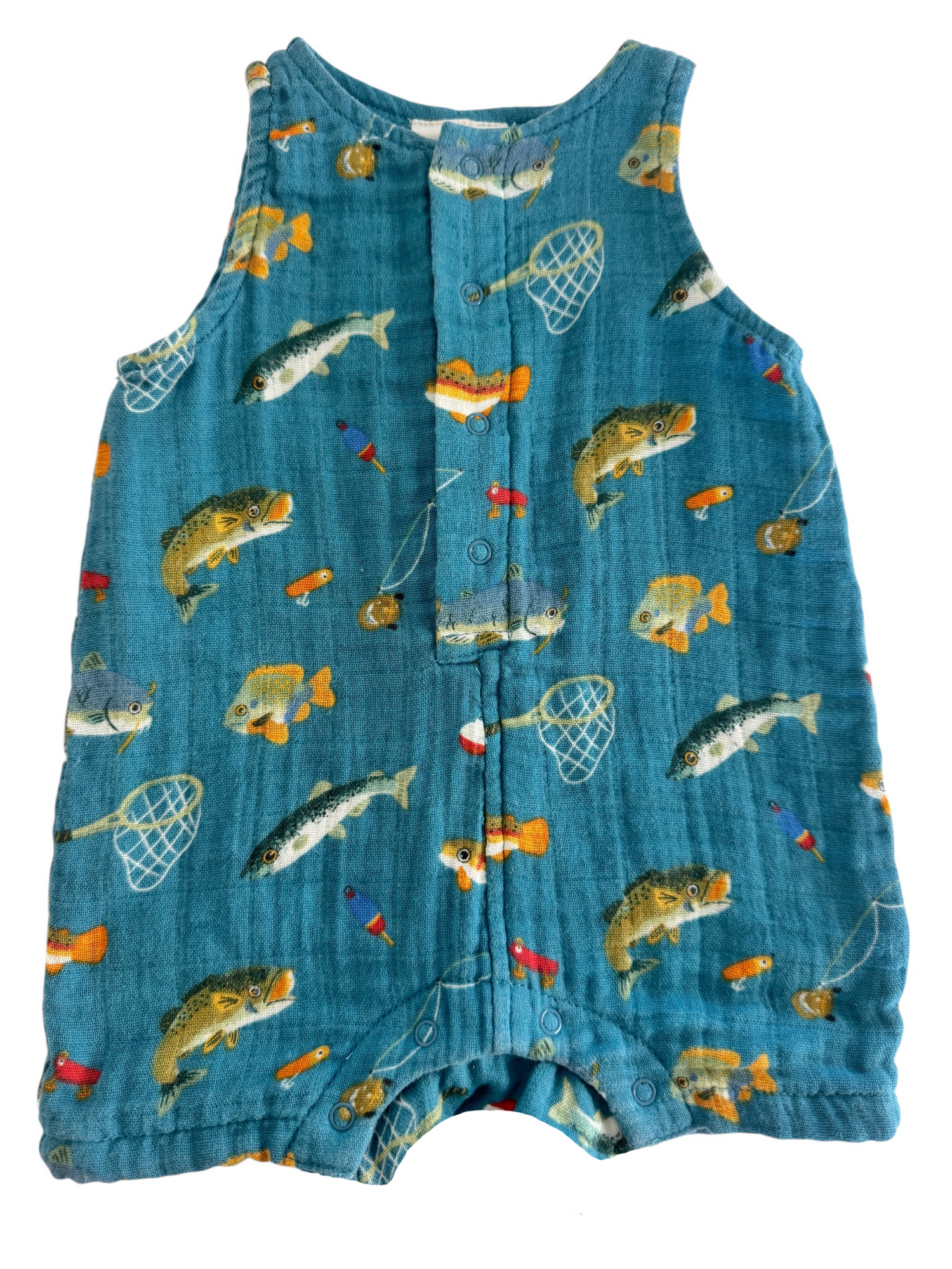 Toddler's blue fishing-themed romper with fish and fishing gear patterns, featuring snap closures.