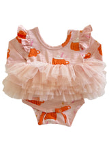 Pink ruffled baby bodysuit with pumpkin print and tulle skirt. Perfect for fall outfits and festive occasions.
