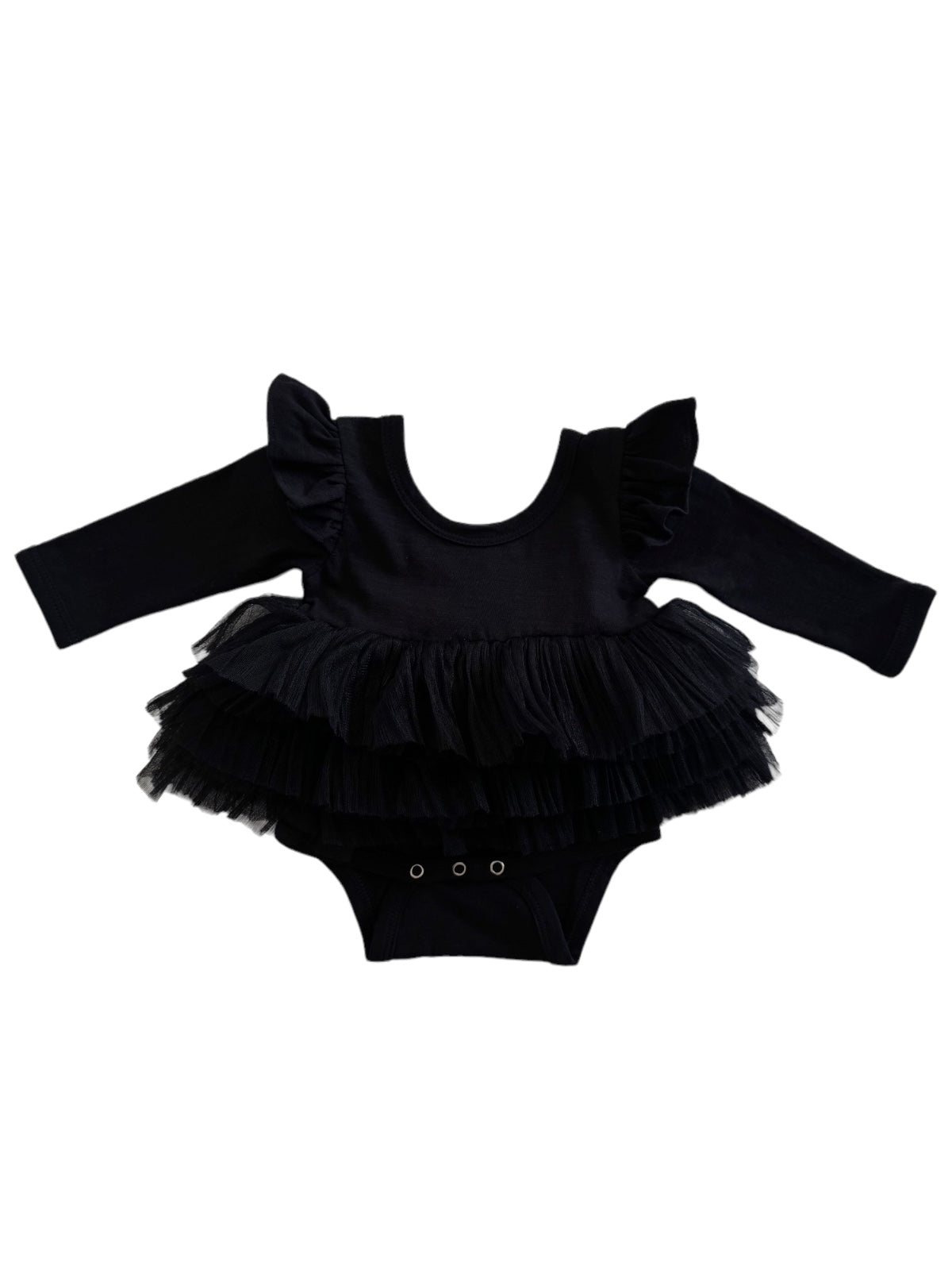 Black long-sleeve baby onesie with ruffled bodice and layered tulle skirt. Perfect for special occasions.