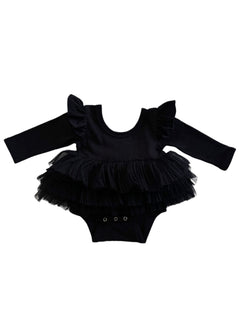 Black long-sleeve baby onesie with ruffled bodice and layered tulle skirt. Perfect for special occasions.