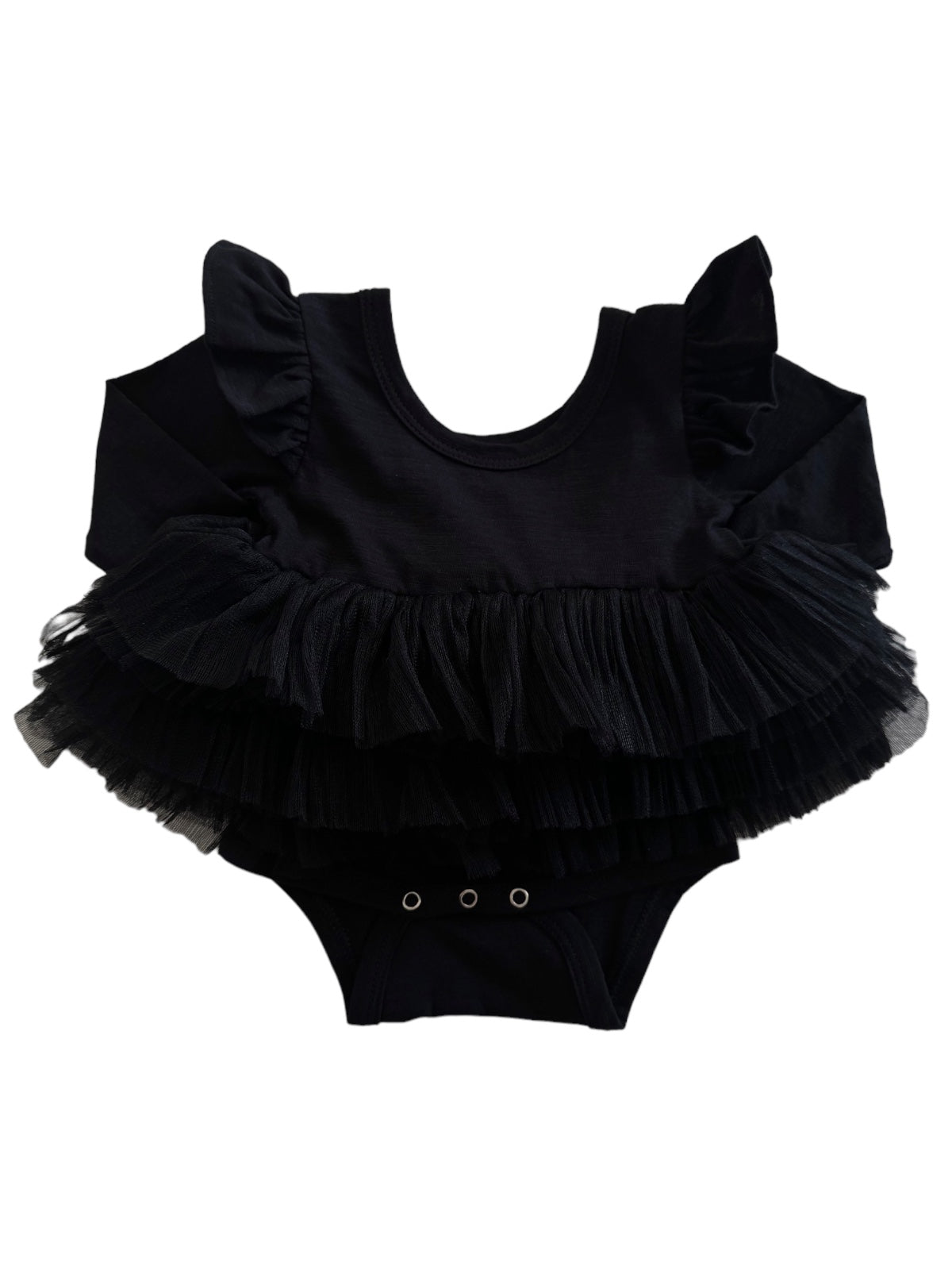 Black infant bodysuit with frilly sleeves and layered tulle skirt, featuring snap closure at the bottom.