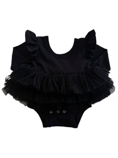 Black infant bodysuit with frilly sleeves and layered tulle skirt, featuring snap closure at the bottom.