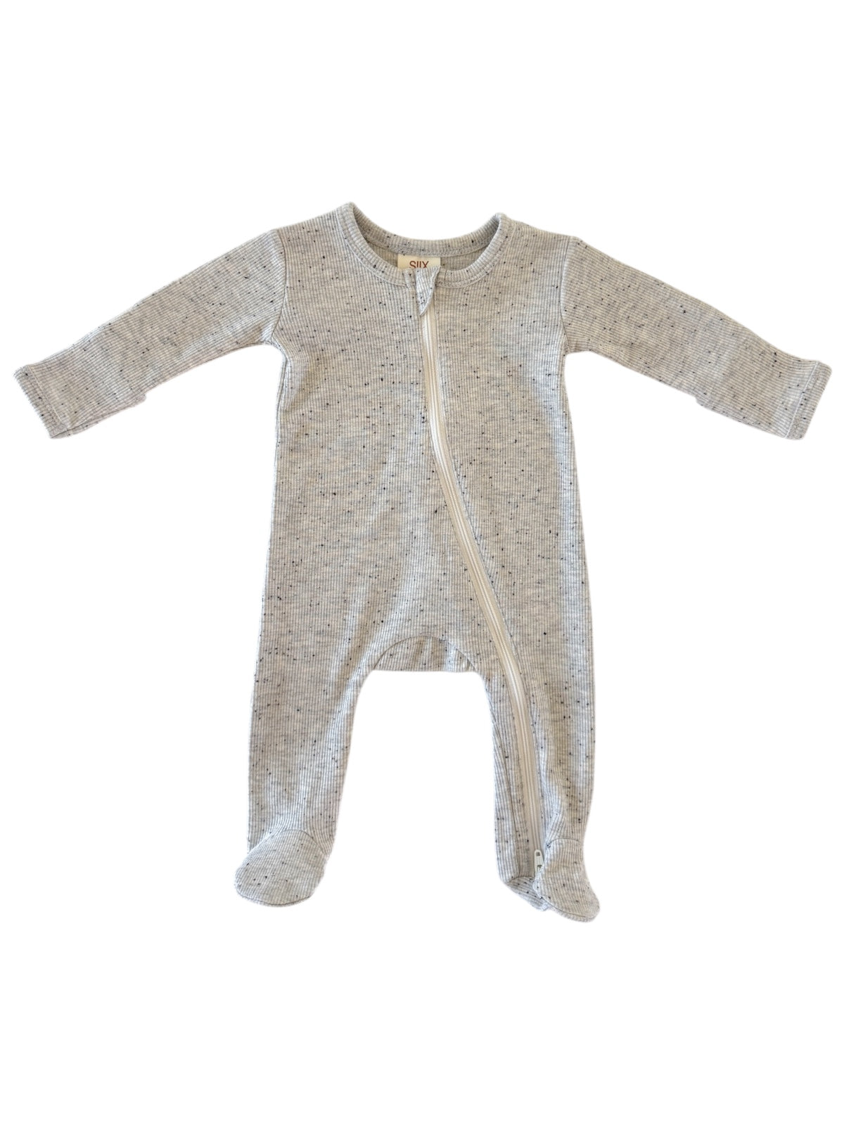 Light gray baby onesie with long sleeves and a front zipper, featuring a textured pattern.
