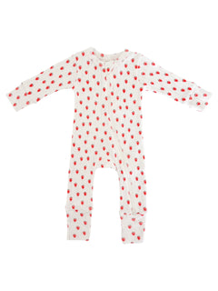 White baby onesie with red strawberry print and long sleeves, featuring a front zip closure.