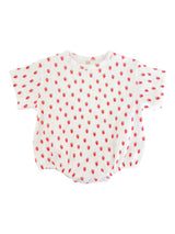 White short-sleeve shirt with a red strawberry print throughout. Soft and comfy fabric, ideal for casual wear.
