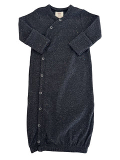 Dark gray baby sleep sack with colorful speckles and snap buttons, designed for comfort and ease.