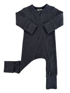 Black speckled zip-up onesie with long sleeves and cuffs, designed for infants or toddlers.