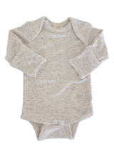 Light gray baby onesie with long sleeves and snap buttons at the bottom, featuring a soft speckled texture.