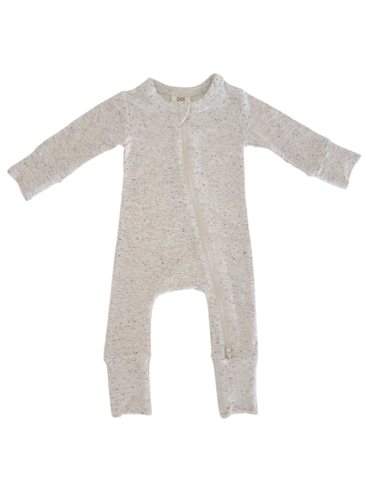 Light gray baby onesie with zip closure and long sleeves, featuring a textured fabric pattern.