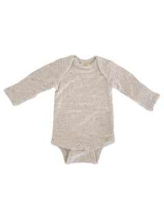 Light gray long-sleeve baby bodysuit with buttons at the bottom, featuring a soft speckled texture.