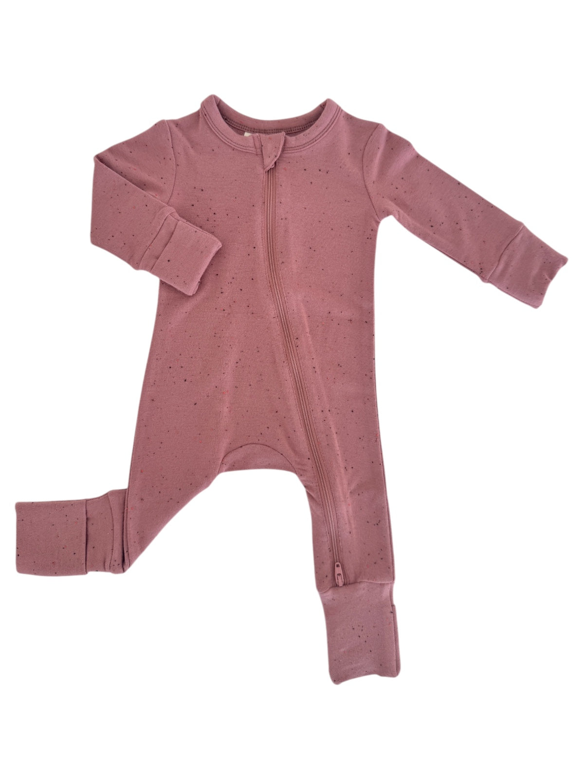 Pink baby onesie with a front zipper, long sleeves, and footed design. Ideal for comfort and warmth.
