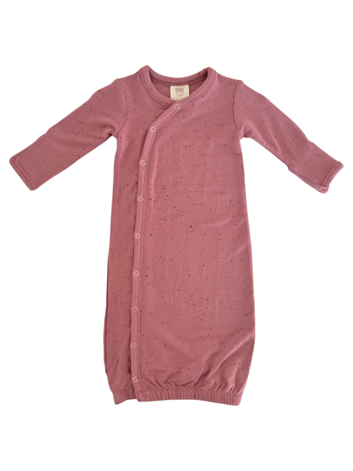 Light pink baby gown with long sleeves and button closure, featuring a ribbed neckline and gathered bottom.