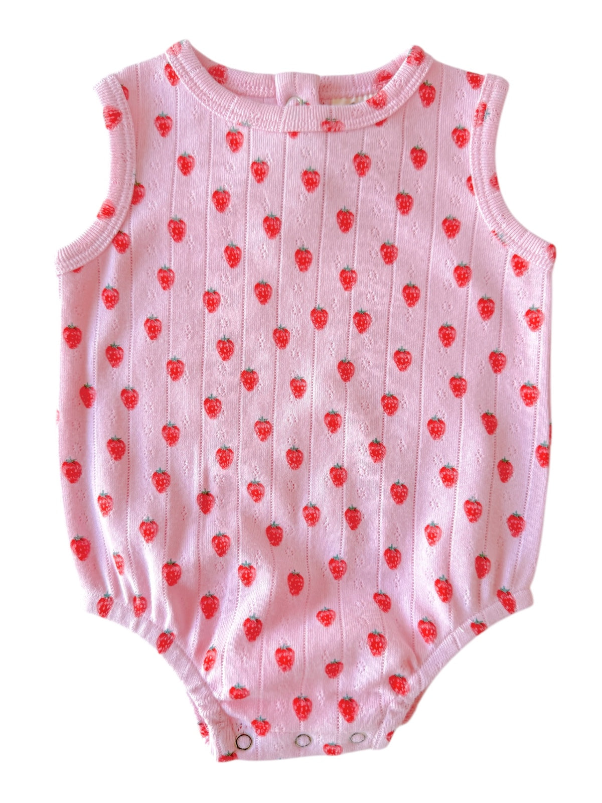 Pink infant romper with a strawberry pattern and snap closures at the bottom. Ideal for warm weather.