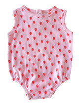 Pink infant romper with a strawberry pattern and snap closures at the bottom. Ideal for warm weather.