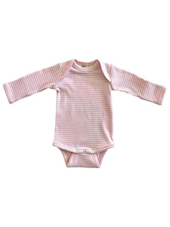 Pink checkered long-sleeve baby onesie with snap closure at the bottom.