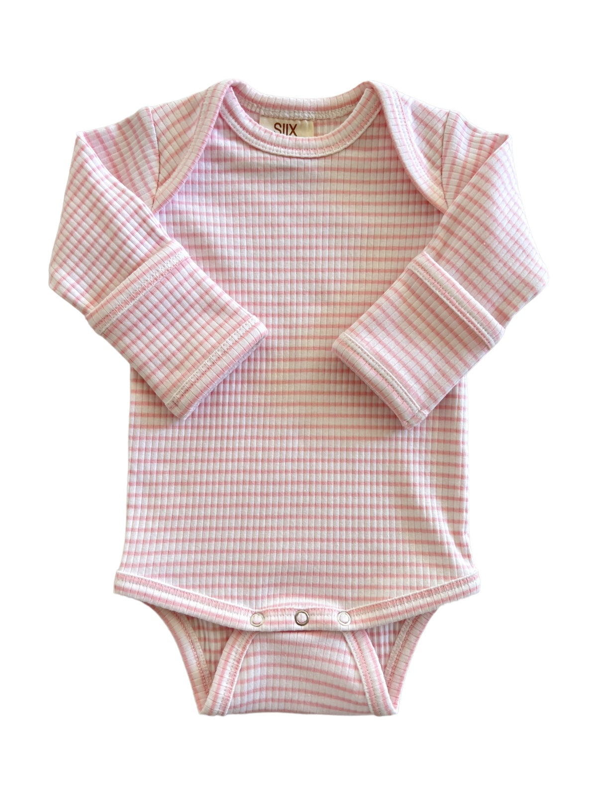 Light pink long-sleeve baby onesie with a checked pattern and snap closure at the bottom.