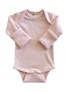 Light pink long-sleeve baby onesie with a checked pattern and snap closure at the bottom.