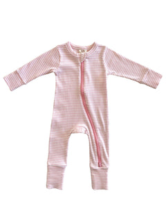 Pink and white gingham onesie with a front zipper, designed for infants.