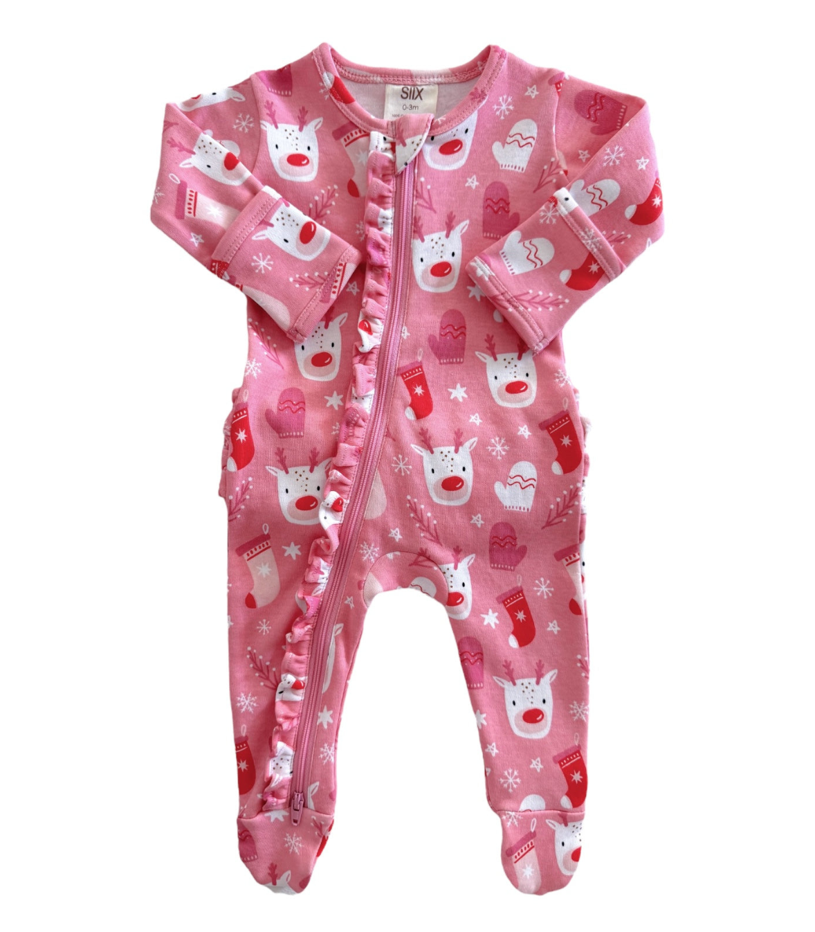 Reindeer Pink / Organic Frill Zip Footie