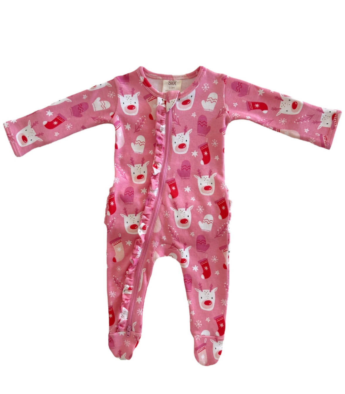 Reindeer Pink / Organic Frill Zip Footie