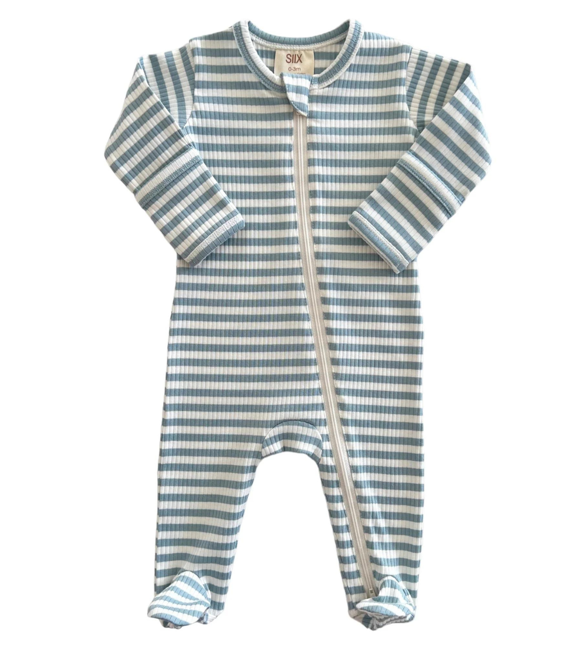 Dusty Blue Stripe / Organic Ribbed Zip Footie