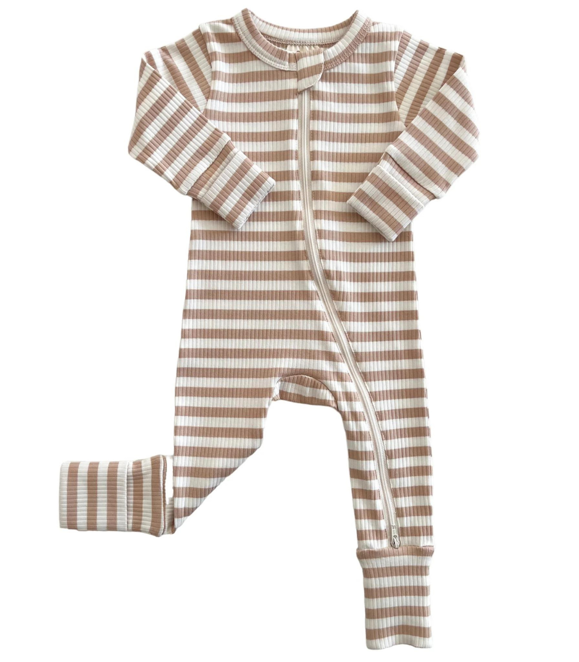 Tan Stripe / Organic Ribbed 2-Way Zip Romper