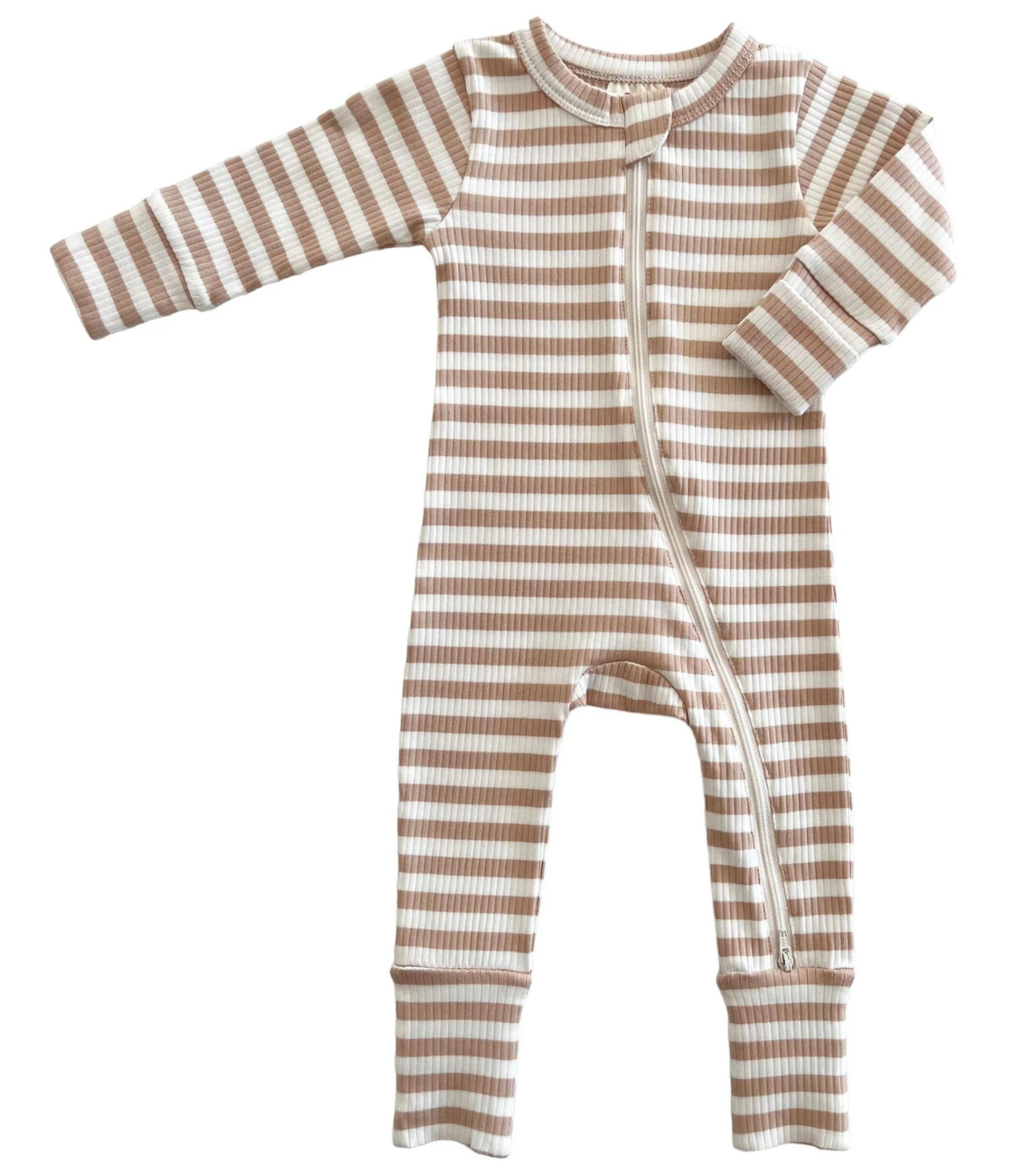 Tan Stripe / Organic Ribbed 2-Way Zip Romper