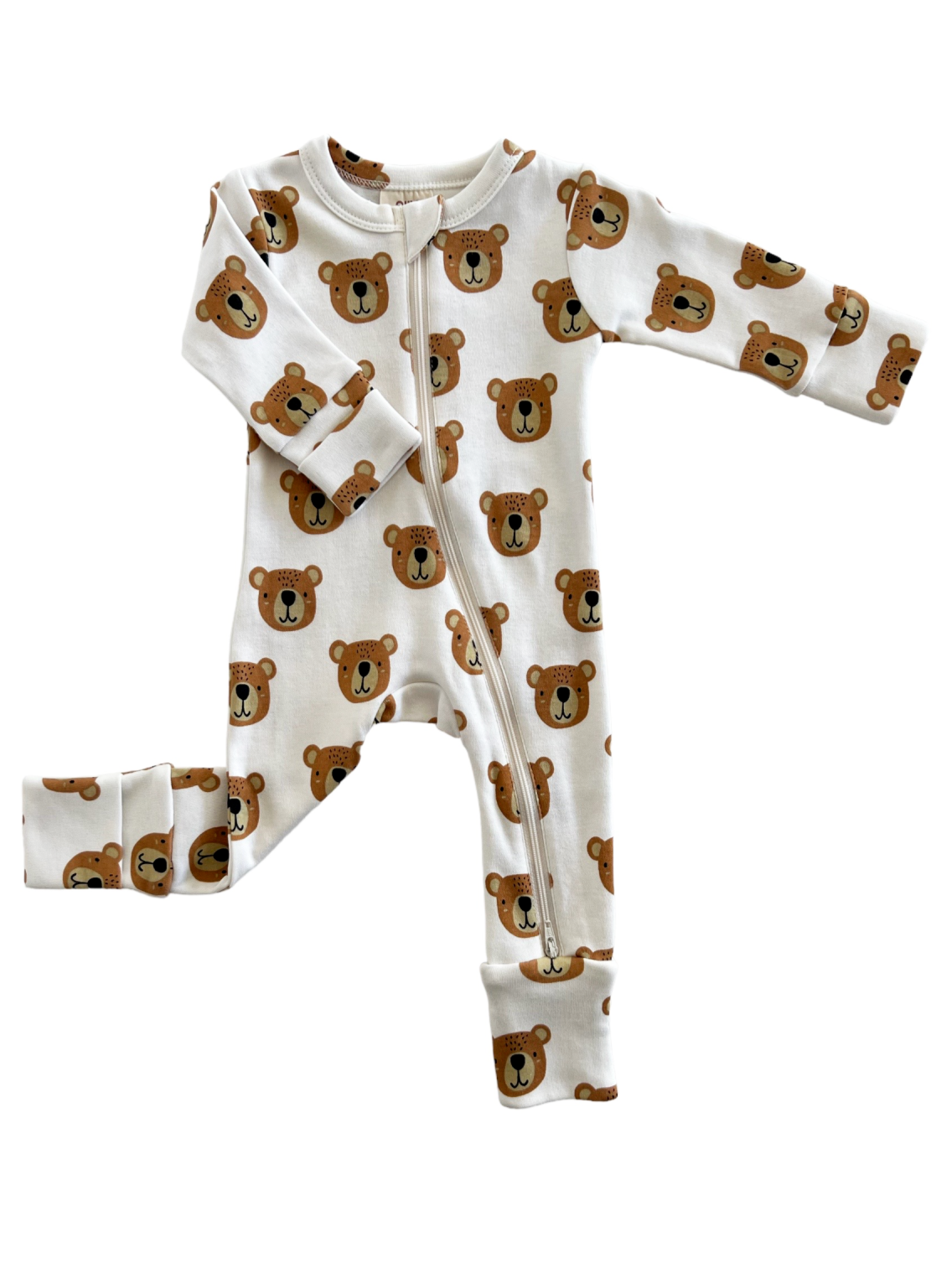 White baby onesie with cute bear face pattern and zip closure, featuring long sleeves and footless design.