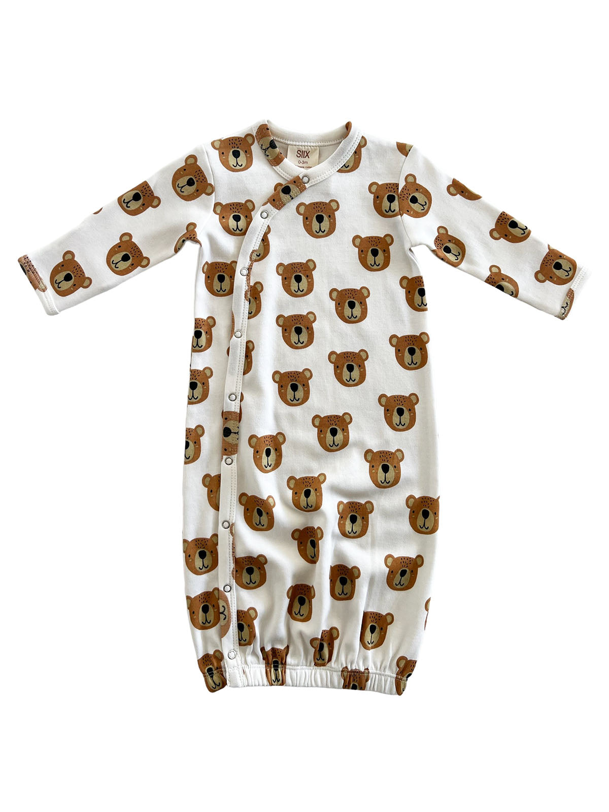 White baby gown featuring a playful bear pattern and snap closures down the front for easy dressing.