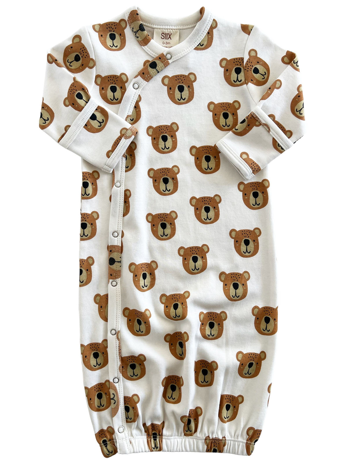 Baby gown with bear face pattern, featuring snaps and elastic bottom for easy dressing and comfort.