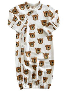 Baby gown with bear face pattern, featuring snaps and elastic bottom for easy dressing and comfort.