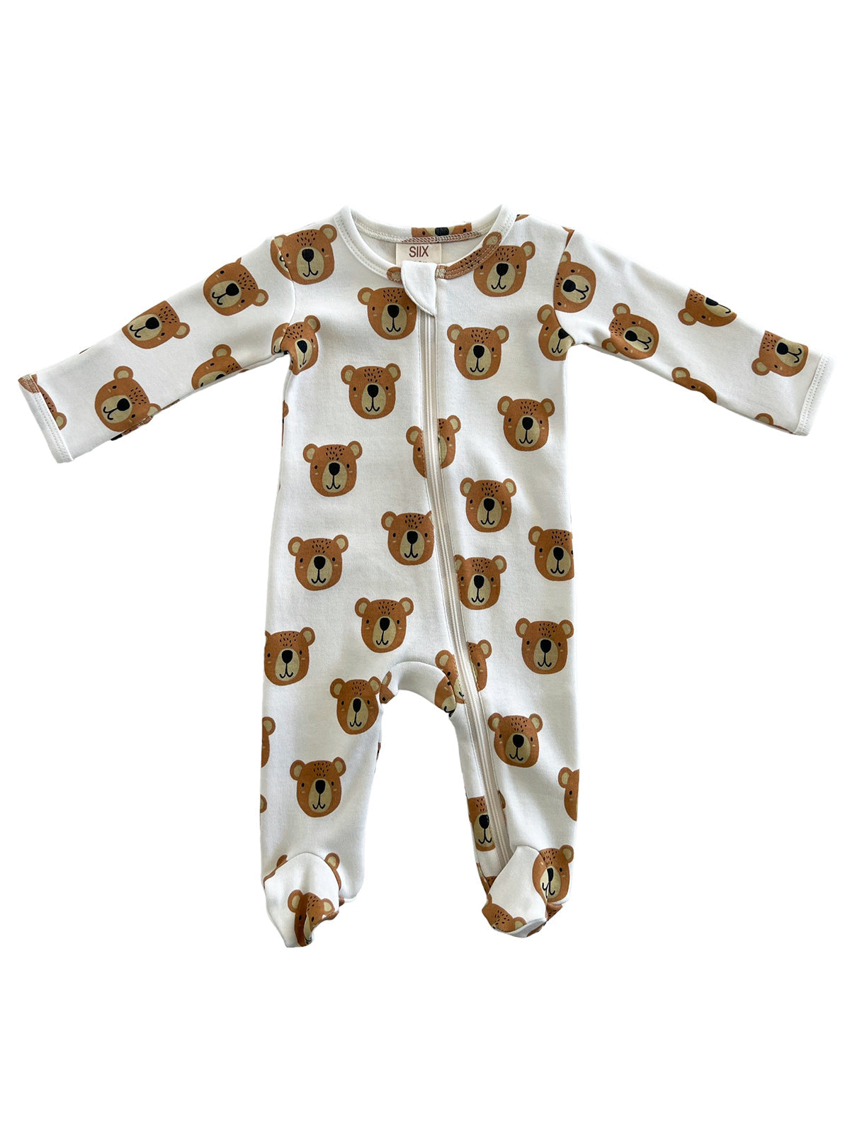 White baby onesie with bear face prints, featuring long sleeves and a zipper front closure.