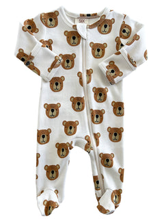 Baby romper featuring a cute bear print on a white background, with a front zipper and long sleeves.
