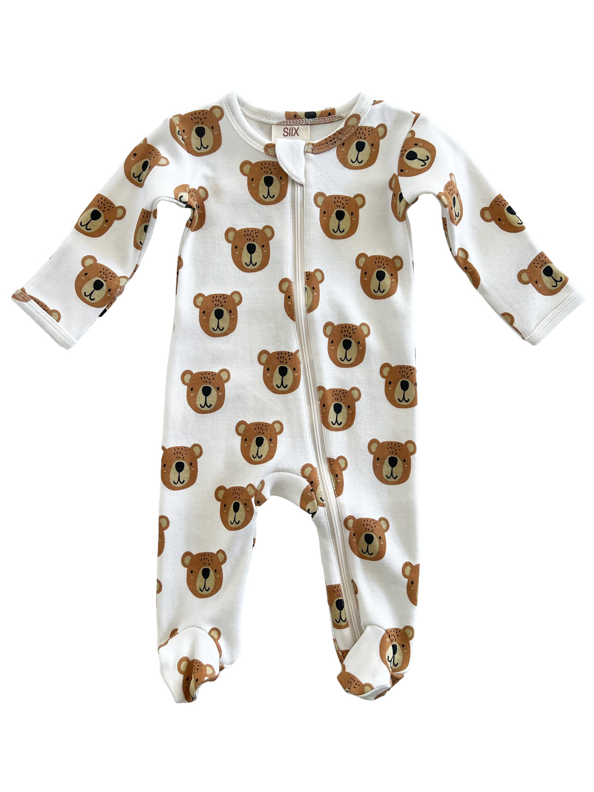 White baby onesie featuring cute bear faces in brown, ideal for infants and toddlers. Perfect for cozy wear or sleep.