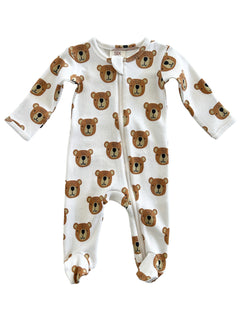 White baby onesie featuring cute bear faces in brown, ideal for infants and toddlers. Perfect for cozy wear or sleep.