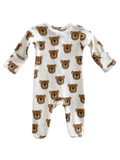 White onesie featuring a playful bear face print, ideal for infants and toddlers. 