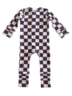 Purple and white checkered baby onesie, featuring long sleeves and a back view.