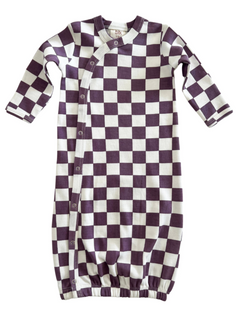 Purple and white checkered baby gown with long sleeves and snap closures.