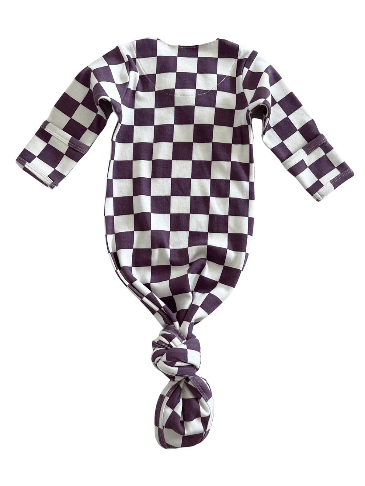 Purple and white checkered baby gown with a tied bottom for easy diaper changes.