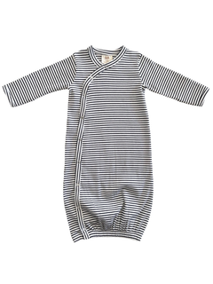 Black and white striped baby sleep gown with long sleeves and a gathered bottom. Ideal for comfort and ease.