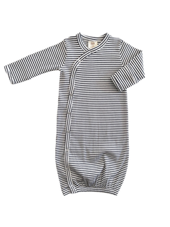 Striped baby gown with long sleeves and snap closure, designed for comfort and easy dressing.