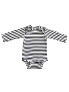Black and white striped long-sleeve baby bodysuit on a white background.