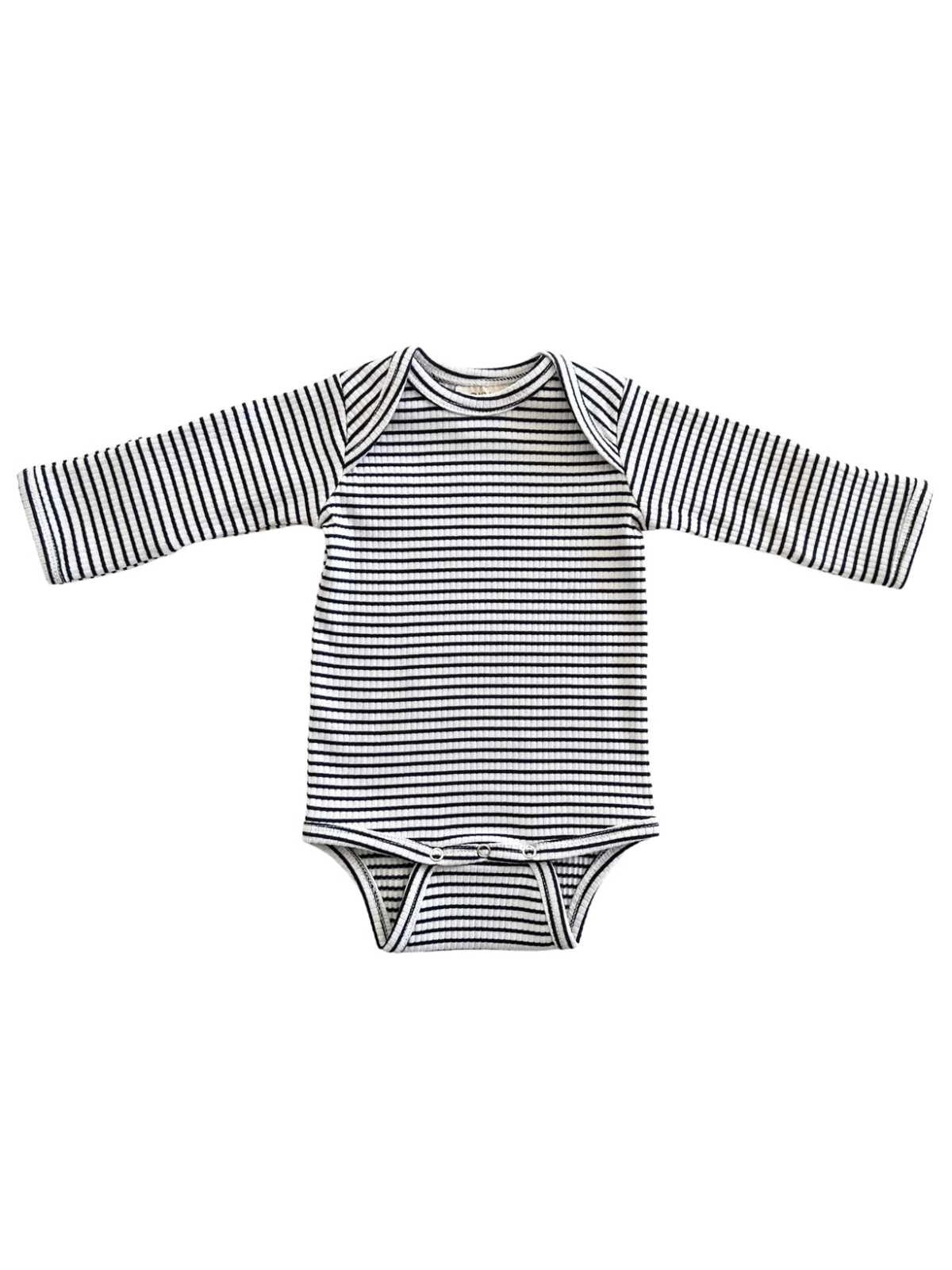 Black and white striped long-sleeve baby bodysuit on a white background.