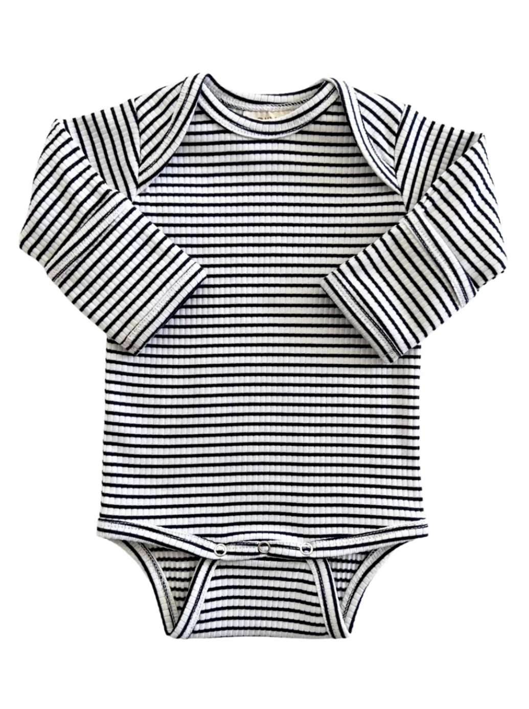 Black and white striped long-sleeve baby onesie with snap closure at the bottom.