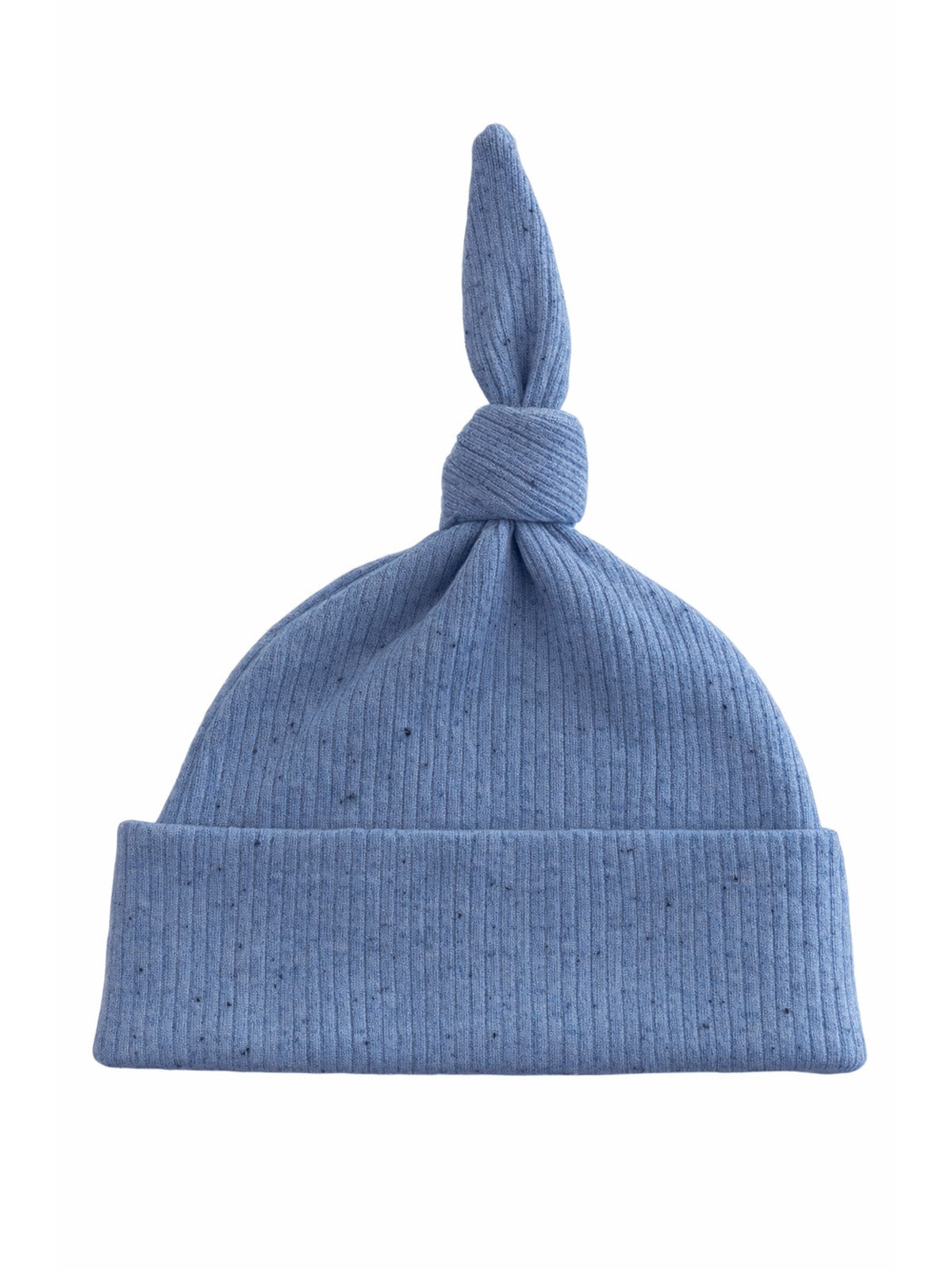 Blue ribbed knit baby hat with a knotted top and folded brim.
